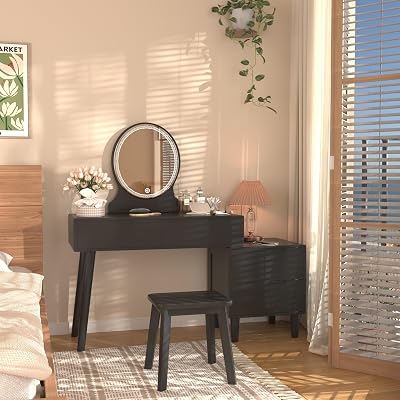 Vanity Desk,Solid Wood Makeup Vanity with LED Mirror and Lights 3 Colors,Dressing Table Set with Storage Drawers&Chair for Women Girls BedroomBlack