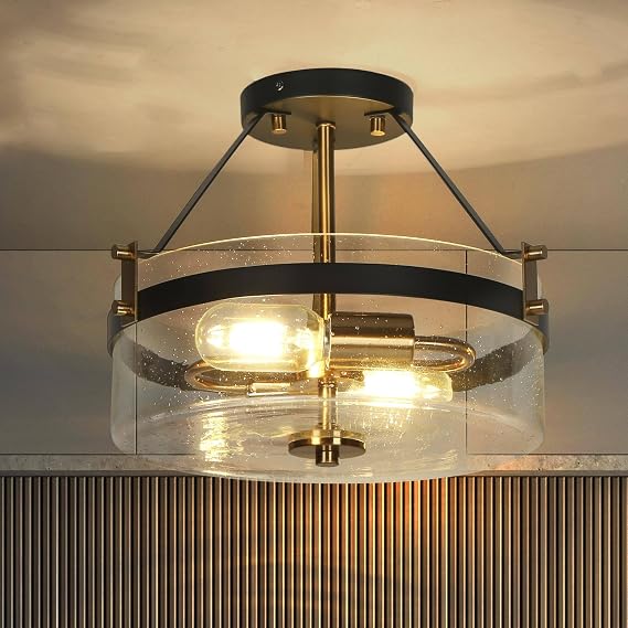 KSANA Semi Flush Mount Ceiling Light, Modern Black Gold 2 Light Ceiling Lights with Seeded Glass Mid-Century Close to Ceiling Lights for Bedroom Entryway Foyer, 12.2" W x 10.2" H