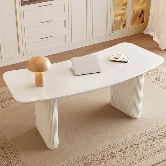 Guyii Desk in Cream White Modern Large Computer Desk with Rounded Corners Office Table PC Table with Ribbed Column Legs for Home Office Office Study