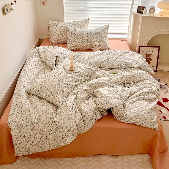 Floral Queen Comforter Set Fluffy Boho Bedding Set Cute Soft Lightweight Down Alternative Bedding Comforter Set Breathable Farmhouse Microfiber Vintage Comforter with 2 Pillowcases