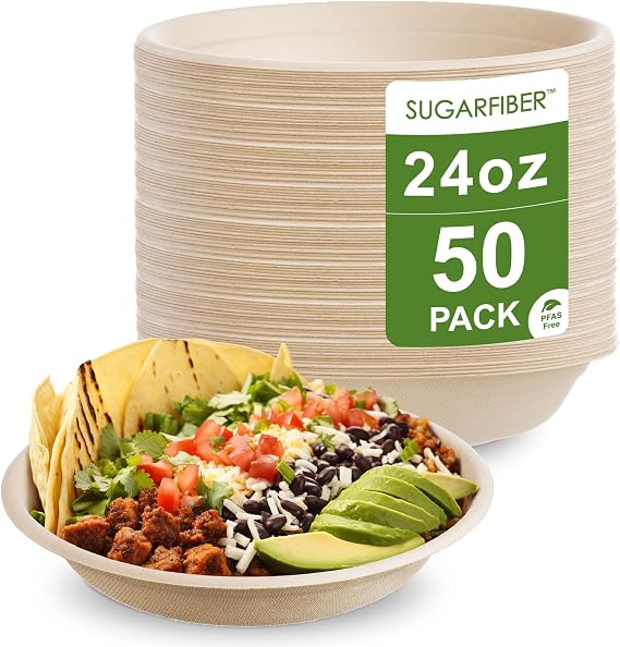 24oz Compostable Paper Bowls Disposable Round Natural Soup Bowls, 50 Count