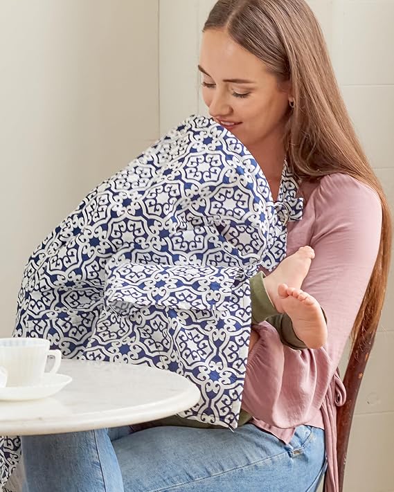 Breastfeeding Cover Nursing Apron for Baby with Matching Travel Bag, 360 Full Privacy, Damask Blue