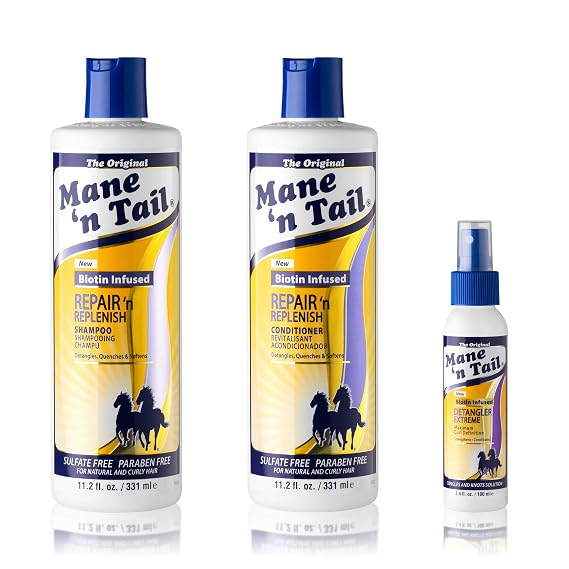 Mane n Tail Repair n Replenish Sulfate-Free Shampoo & Conditioner (11.2 oz Each) with Extreme Detangler (3.4 oz) Gentle Cleansing, Nourishing & Curl Defining System for Curly & Natural Hair