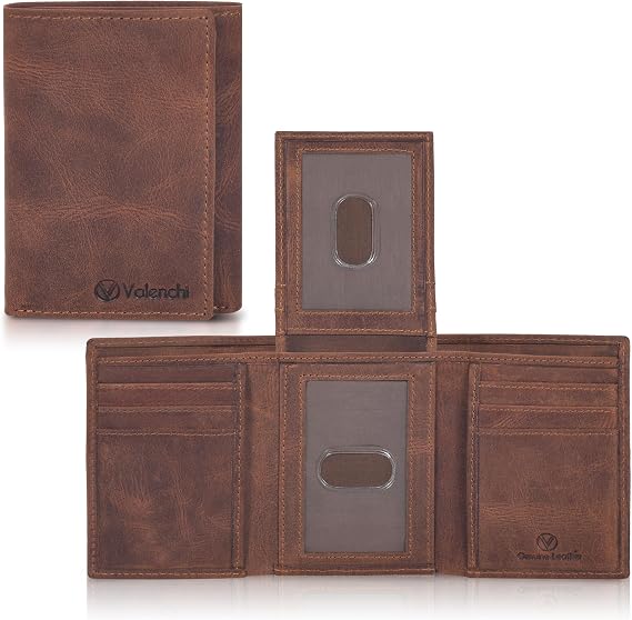 LEVOGUE Genuine Leather Men's RFID Blocking Slim Trifold Wallet with Middle Flap 9 Cards + 2 ID Window + 2 Note Compartments (Brown Vintage)