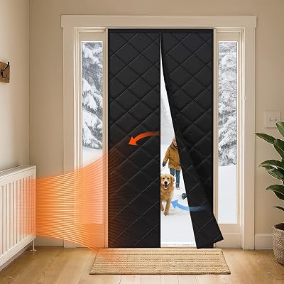 LazBlinds Thermal Insulated Door Curtain Fit Door Size 36 x 96, Magnetic Hands-Free Self Seal Door Cover, Weatherproof Oxford & Cotton Fiber Fill Blanket for Winter to Keep Warm, Black