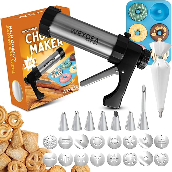Churro Maker Machine 4in1 | Authentic Churros & Donuts at Home | Churro Gun with 16 Discs, Filling Injector & Piping Kit | Stainless Steel BPA-Free | Cookie Press Included
