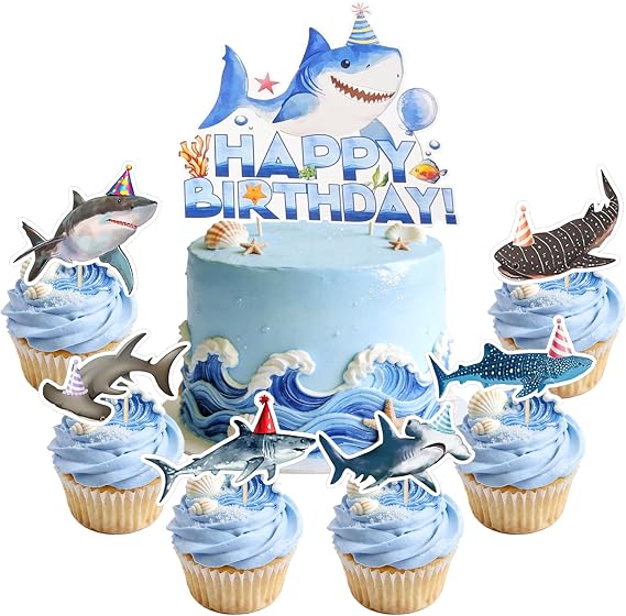Shark Birthday Decorations Cake Topper Ocean Theme Baby Shower Decor