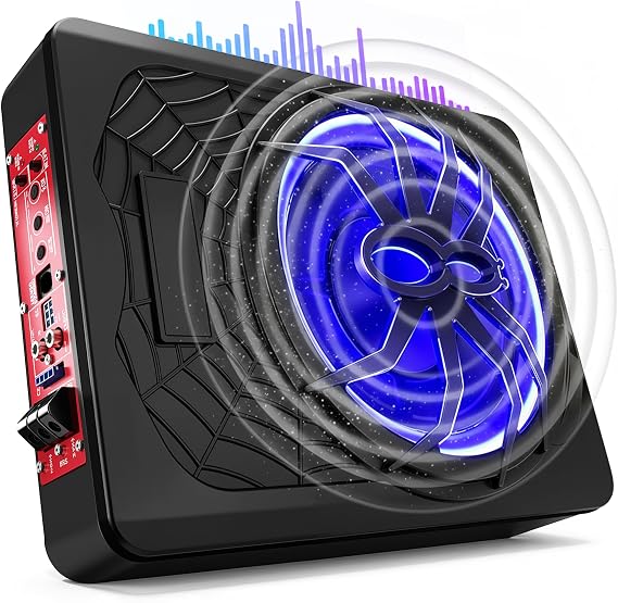 10 Inch Underseat Powered Car Subwoofer Built-in Amp | 800W Slim Low-Profile Active Subwoofer with Bass Boost, Wired Remote Control, RCA Input, for Truck & Car Audio Systems