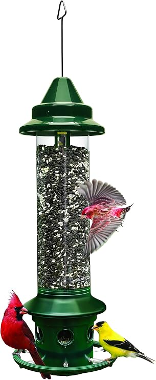 Squirrel Buster Plus Squirrel-proof Bird Feeder w/Cardinal Ring and 6 Feeding Ports, 5.1-pound Seed Capacity, Adjustable, Pole-mountable (POLE ADAPTOR SOLD SEPARATELY), Green | Squirrel-Proof Weight-Activated Shroud, Cardinal Ring, 6 Ports, 5.1 Lb Capacity, Adjustable Tension, Detachable for Cleaning