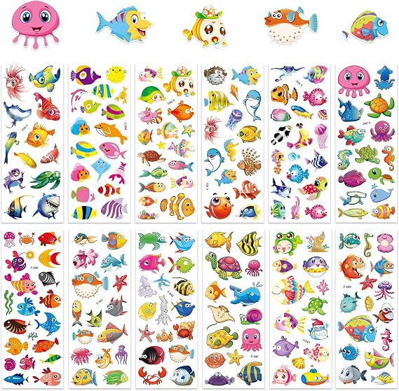 12 Sheets 3D Sea Animals Stickers for Children Puffy Fish Stickers | DIY Decoration Craft Activities Sea Ocean Life Foam Sticker for Kids Reward Window Gel Clings Decals for Girls and Boys Gifts