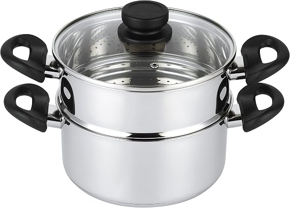 Nevlers 3 Qt Vegetable Steamer for Cooking w/ 2 Qt Steamer Basket for Pot & Vented Glass Lid | 3 Piece Stainless Steel Stock Pot Set | Safe & Durable Stainless Steel Cookware w/Cool-Touch Handles