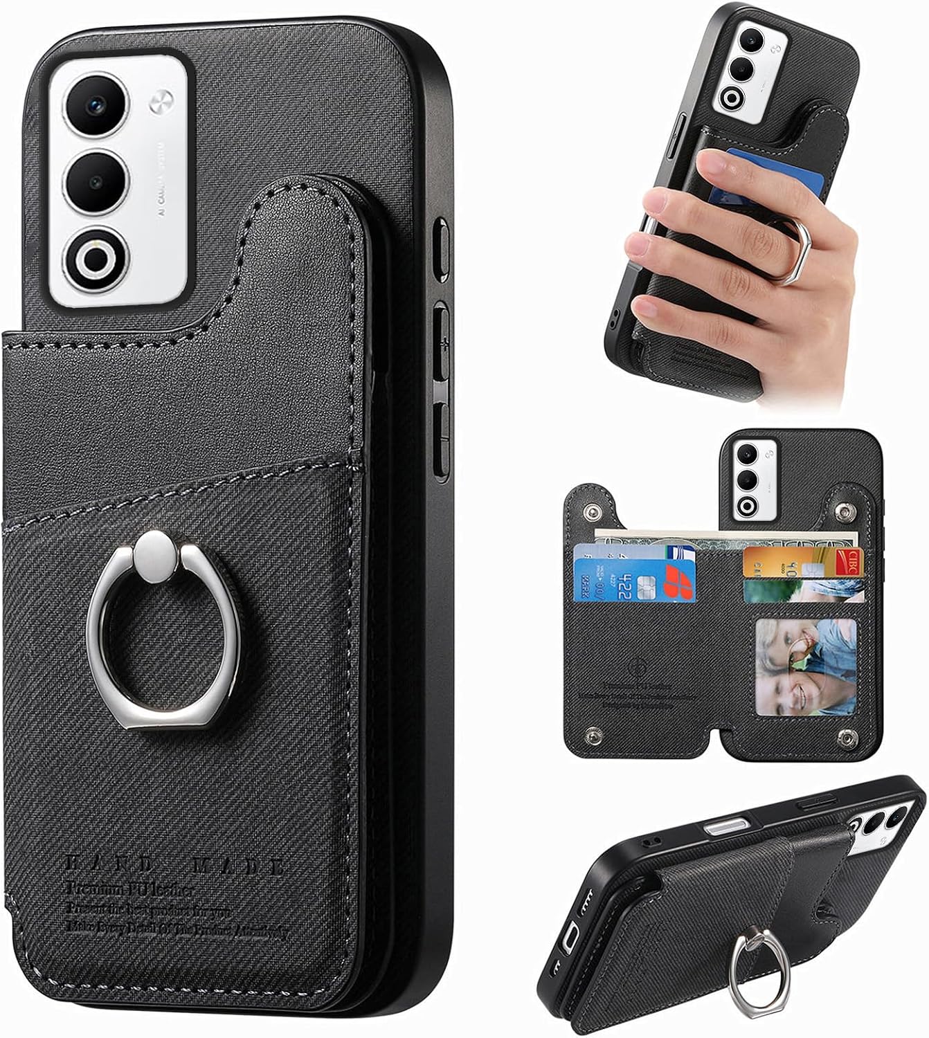 Compatible Oppo A5 5g Case Notebook Type Oppo A5 Cover Oppo A5 5g Case Wallet Type OPG06 Mobile Phone Case Card Storage Opg06 Cover Stand Function RFID Blocking 360° Rotation Ring Snap Button TPU Fall Prevention Stylish Black