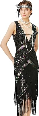 BABEYOND 1920s Flapper Dress V Neck Sequin Beaded Dress Roaring 20s Gatsby Fringe Party Dress