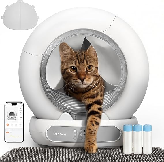 Self Cleaning Cat Litter Tray, 74L Automatic Cat Litter Tray with Curtain Trash Bags Mat, Smart App Odour Control, Anti-pinch Secure Self Cleaning Cat Litter Box for Multi-cats, Silver