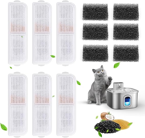 Papettly Cat Water Fountain Filter Replacement, 6 Pack Pet Water Fountain Sponges & Filter Replacement, Reduces Hair & Impurities for Cleaner Water, Dual Filtration System Kit