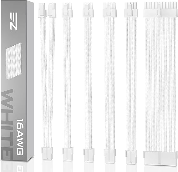 EZDIY-FAB PSU Cable Extension kit Sleeved Cable Custom Power Supply Sleeved Extension 16 AWG 24-PIN 8-PIN 6-PIN 4+4-PIN with Combs-All White