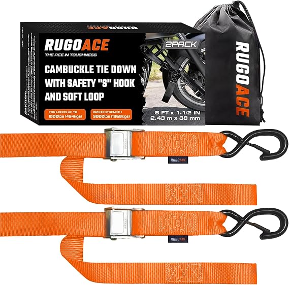 2PK 1.5" x 8FT Motorcycle Tie Down Straps, 3,000lb Break Strength, Heavy Duty Cambuckle, Safety S-Hooks & Soft Loops for Dirt Bike, ATV, UTV, Boat, and Kayak, Durable and Easy to Use, Orange