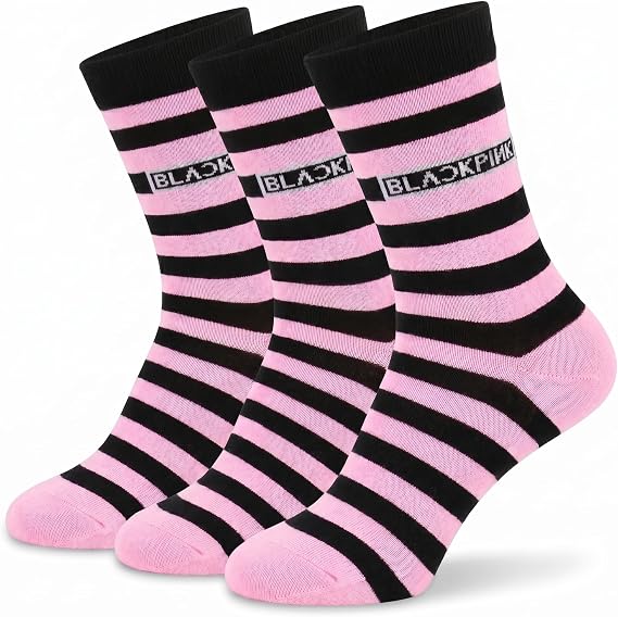 3 Pairs Korea Pop Pink Socks - Gift Set for Fans - Soft Cotton Socks in Pink & Black - Breathable Odour-Resistant & Comfortable