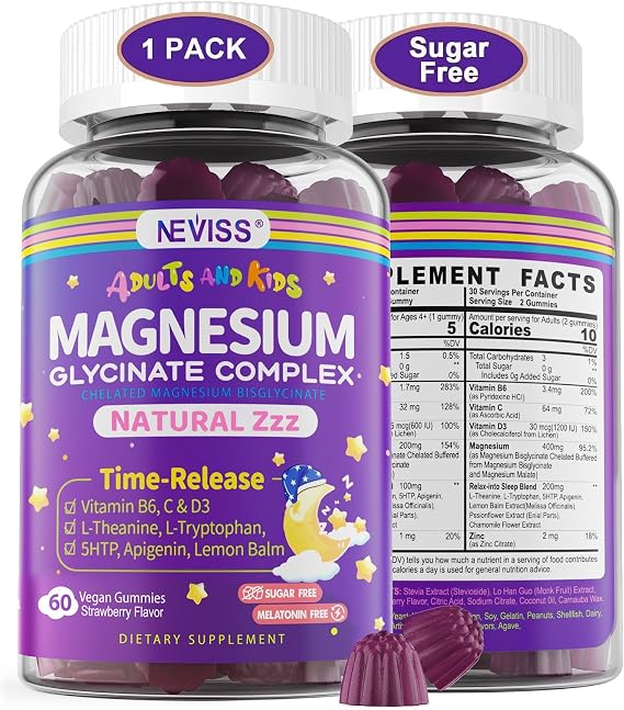 Magnesium Glycinate Gummies for Adults & Kids 4+, Sugar Free Magnesium Bisglycinate Supplement 400/200mg with B6D3, L-Theanine for Sleep & Relaxation, Brain, Muscle, Melatonin Free Gummies,1Pack