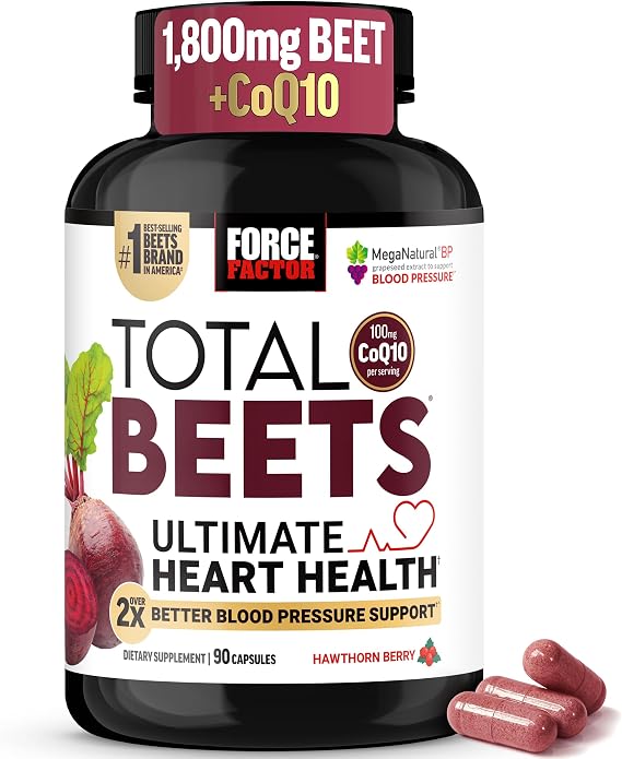 Force Factor Total Beets Ultimate Heart Health 1800mg Beet Root Capsules | Blood Pressure Support Supplement with CoQ10 for Nitric Oxide & Blood Flow with Grapeseed, Hawthorn Berry, 90 Capsules
