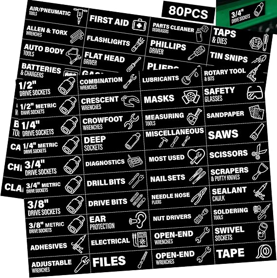 Tool Organizer Stickers 80 Pcs Waterproof Tool Drawer Label Stickers, Drawer Labels for Garage Storage, Socket and Wrench Identification for Garage, Workshop and DIY Projects, 3.1" x 1" Black