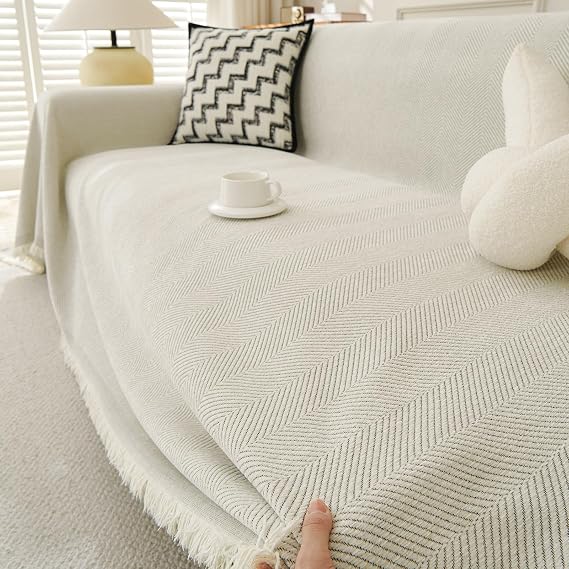 Chenille Large Sofa Throw for 1-4 Seater Sofas Off-white 230x300