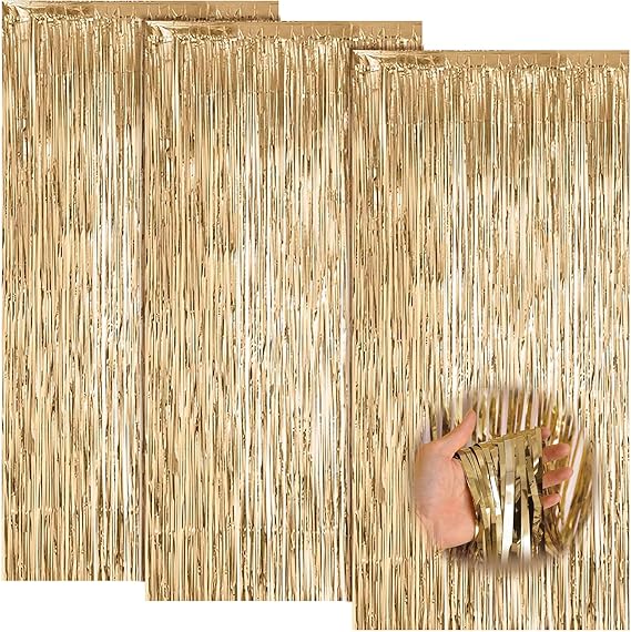 Pack of 3 Champagne Tinsel Curtains 2 m x 1 m Metallic Foil Fringe Curtain Sparkle Curtains Decoration Glitter Curtain Tinsel for Party Decoration Birthday Decoration Wedding Festivals Stage