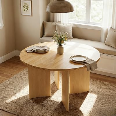 47 Inch Wood Dining Table for 4-6, Round Dinning Table for Breakfast Nook, Heavy Duty Farmhouse Kitchen Table for Dining Room Restaurant, Natural