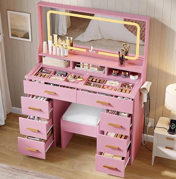 Garvee 42" LED Makeup Vanity Desk with Large Mirror - Pink