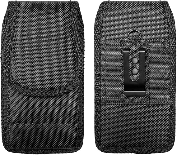 Nylon Cellphone Holster for Samsung Galaxy A23 A53 A36,S23 S24 S25+,FE, iPhone 12 13 14 15 16 17 Pro,TCL ION X V-Vertical Case Canvas Waist Carrying Pouch with Belt Clip/Loops, Black