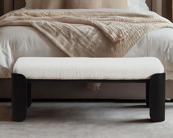 VESCASA Modern End of Bed Bench with Curved Wood Leg, 47.5" Boucle Upholstered Ottoman Footrest for Entryway Living Room, Bedroom, White
