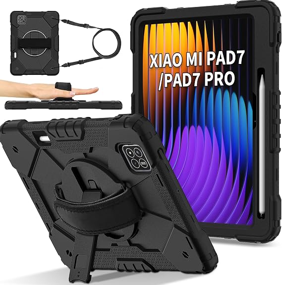 Case for Xiaomi Mi Pad 7 / Mi Pad 7 Pro 2024,3 Layer Protective Case W 360 Rotating Handle Stand Shoulder Strap for Xiaomi Mi Pad 7 / Mi Pad 7 Pro 11.2 inch Tablet (Black)