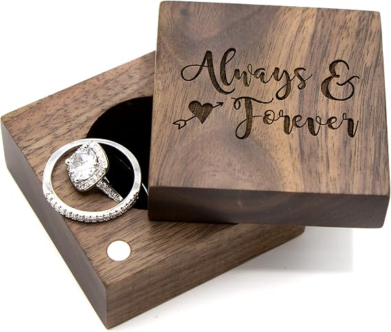 MUUJEE Always and Forever Ring Box - Engraved Wooden Ring Box for Wedding Ceremony Ring Bearer Box - Anniversary Birthday Gift Ideas