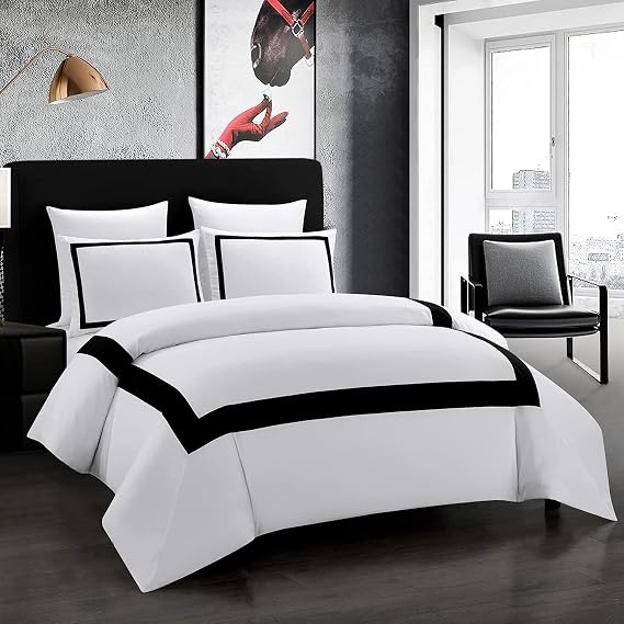 OSVINO Hotel Duvet Cover Set Queen Size 3Pcs Black Line Pattern Bedding Collection Ultra Soft Breathable Duvet Cover with Pillowcases
