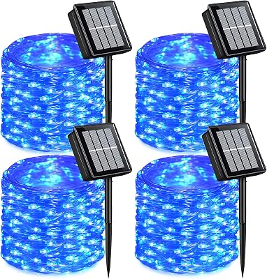 QITONG 4 Pack Solar Fairy Lights, Each 33ft 100 LED Blue Christmas String Light Outdoor Waterproof, 8 Modes Silver Wire Twinkle Mini Lights