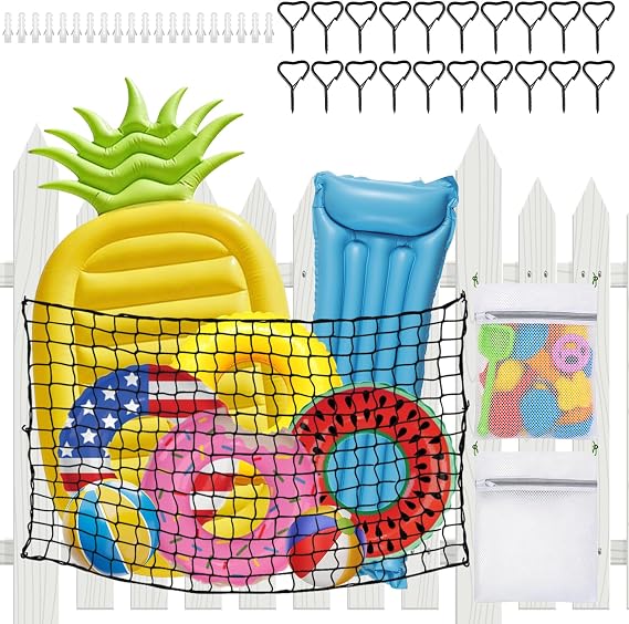 Extra Large Pool Toy Float Storage Net with 2PCS Mesh Storage Bags, 71 x 47in Hanging Elastic Mesh Net Organizer with Hooks, Swimming Poolside Fence Toys Holder for Inflatable Rafts Toys