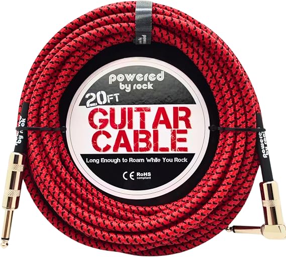 20ft Guitar Cable for Electric Guitar, Bass and Electronic Instruments | Tangle Resistant Instrument Cord, Crystal Clear Sound, 1/4 Inch Male to Male Inputs, Right Angle Jack On One End