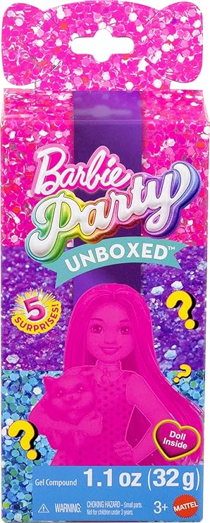 Barbie Party Unboxed Chelsea oyuncak bebek seti, Glam Party serisi 6 sürpriz, evcil hayvan ve renk değişimi dahil (stiller farklı olabilir), JFY04