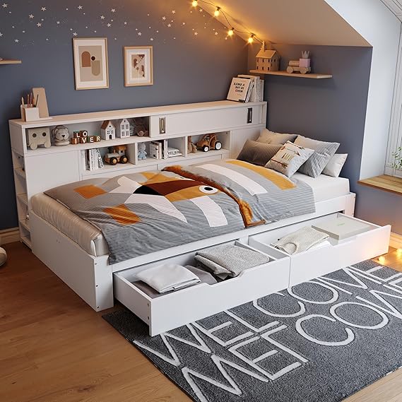 Wooden Daybed with Two Storage Drawers, Shelves and Storage Cabinets, Multifunctional Low Platform Bed for Adults Kids Teenagers, 3ft Single Bed Frame Guest Beds, 90x190 cm, White, No Mattress