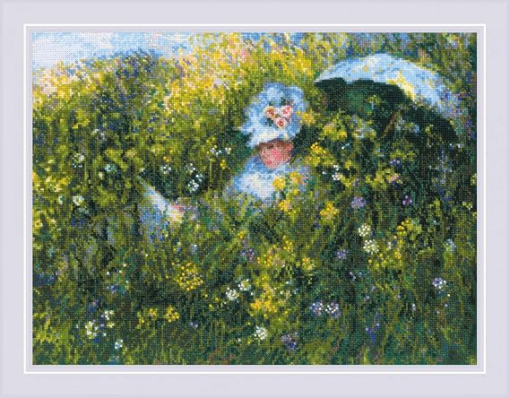 RIOLIS 1850 in the Meadow After C. Monet's Painting Cross Stitch Kit | 15.75 x 11.81 in, 14 ct white Zweigart Aida, 28 wool/acrylic colors, intermediate level, chart & needle included