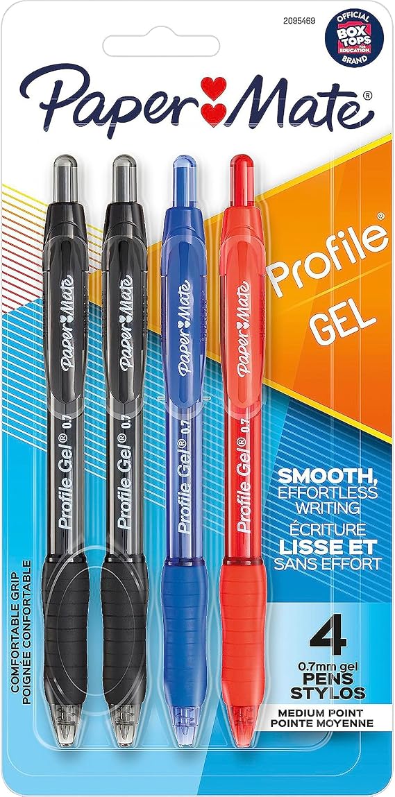 Paper Mate Profile Gel Pen, Retractable, Medium 0.7 Mm, Assorted Ink And Barrel Colors, 4/pack