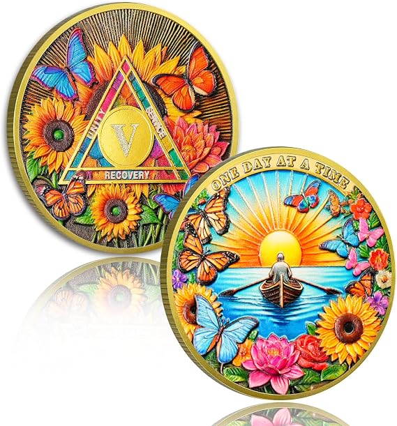 Sunflower 5 Year Sobriety Coin, AA Chips Recovery Gifts for Men & Women | One Day at a Time AA NA Medallion, Alcoholics Anonymous Celebrations, Sober Anniversaries, Recovery Milestones