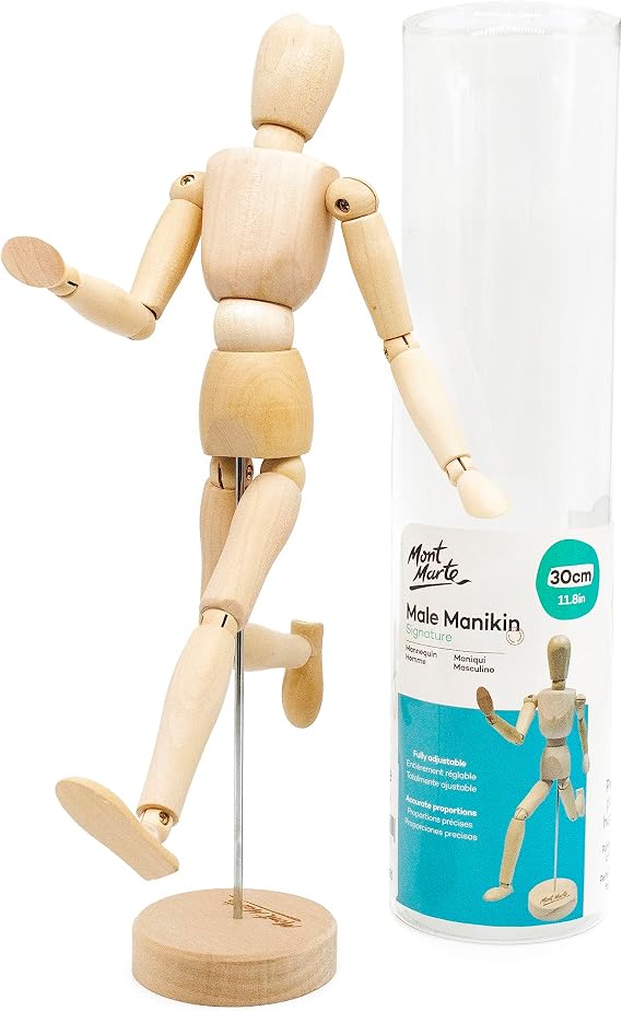 Mont Marte Manikin Male 30cm - Body Doll, Wooden Puppet - Flexible Mannequin as a Model for Drawing - Ideal Painting and Drawing Aid
