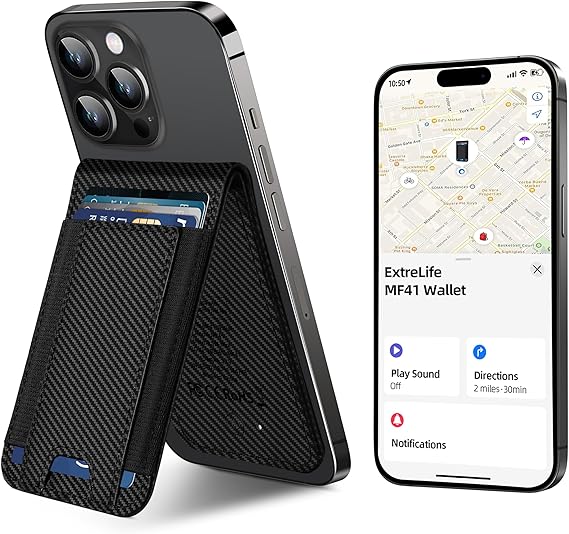ExtreLife MagSafe Wallet, Work with Apple Find My, Magnetic Phone Wallet Stand for iPhone 17/16/15/14/13/12 Series, 8 Card Holder, RFID Blocking, Rechargeable, Carbon Fiber Black