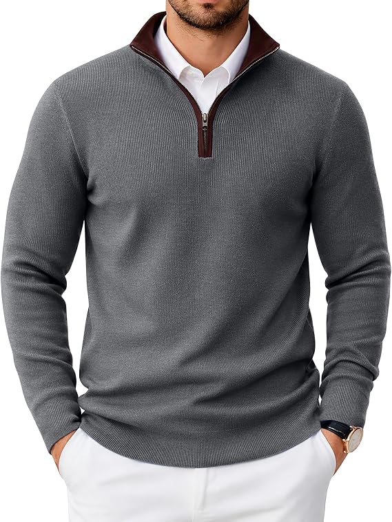 COOFANDY Mens Quarter Zip Sweater Slim Fit Mock Neck Pullover Casual Knitted Ribbed Polo Sweaters