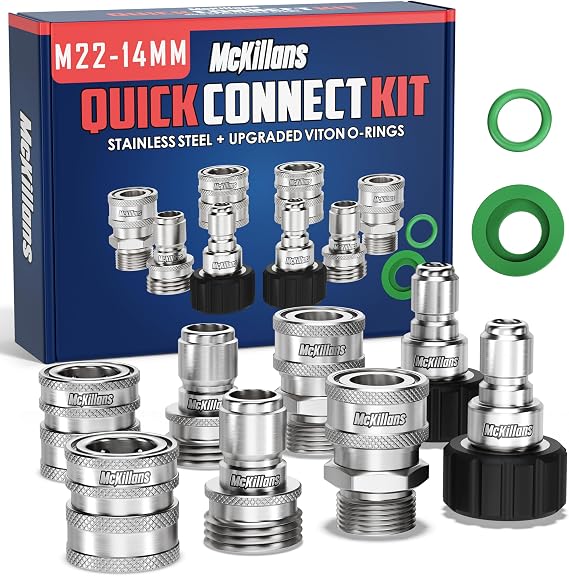 McKillans M22-14mm Pressure Washer Quick Connect Kit, M22-14mm to 3/8" Male Female Quick Disconnect Kit for Power Washer (Stainless Steel)