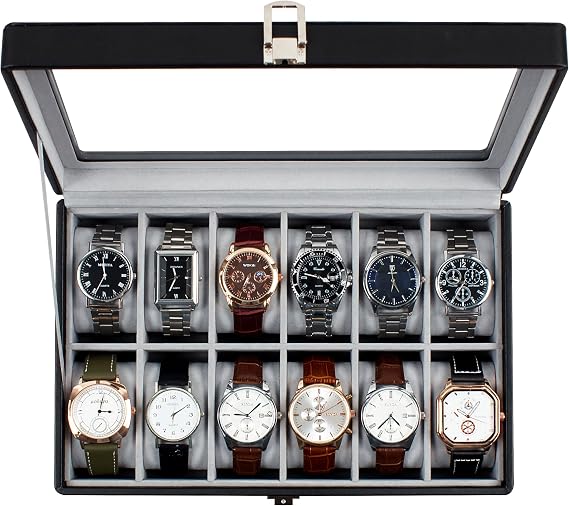 Watch Box with 12 Slots,Watch Storage Box with Glass Lid,Watch Case with Removable Watch Pillows,Metal Clasp,Gift Idea, Black Synthetic Leather, Grey Lining