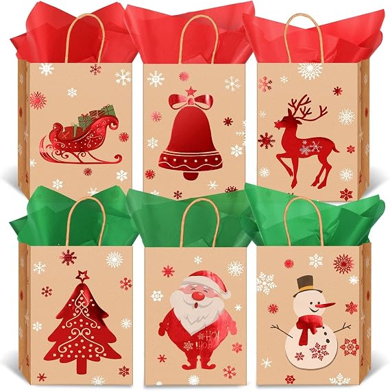 DTOFOOT Christmas Bags, 18Pcs Christmas Treat Bags with Handles 20Pcs Tissue Paper Small Holiday Paper Goodie for Holiday Party Favors