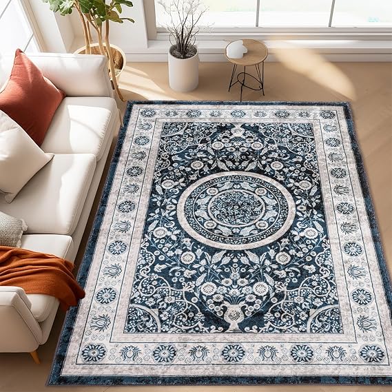 Boho Area Rug Machine Washable Non-Slip Vintage Distressed Rug for Living Room Bedroom, Low Pile Soft Pet-Friendly Washable Carpets (6x9ft, L)