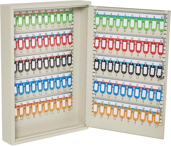The Workplace Depot Lockable Key Cabinet, White Heavy Duty Steel Wall Mounted Key Lock Safe with Key Hooks & Coloured Key Tags for Home, Office, Garage & Warehouses (100 Key Capacity)